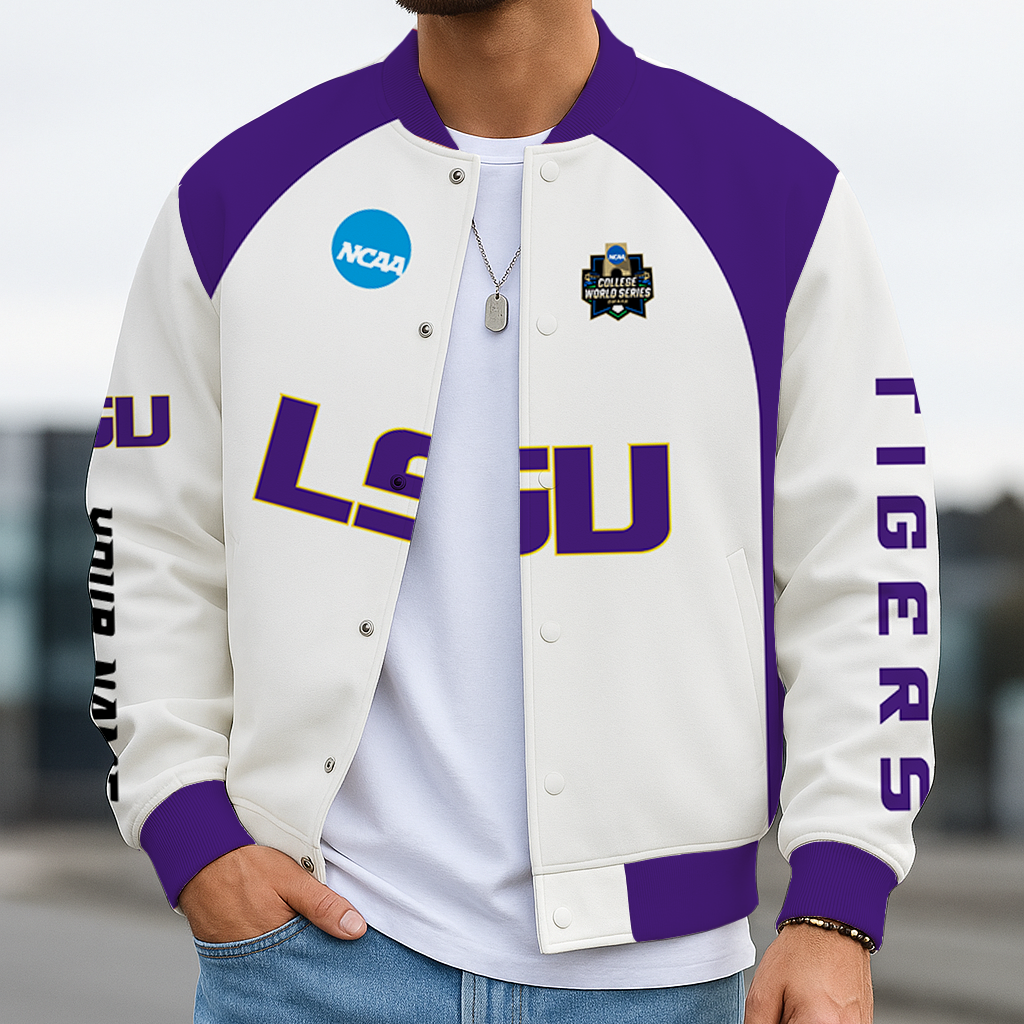 LIMITED EDITION - NEW CUSTOMIZED NCAA CWS07 LST LSU TIGERS BASEBALL JACKET, SATIN VARSITY JACKET