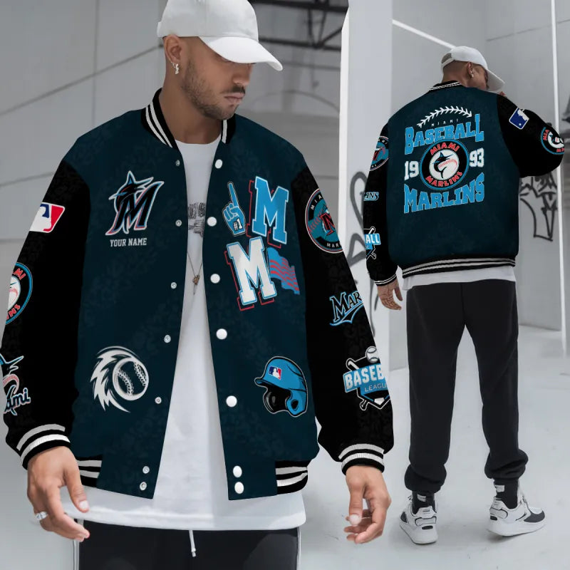 LIMITED EDITION - NEW CUSTOMIZED MLB20 MMS MIAMI MARLINS SATIN VARSITY & BASEBALL JACKETS