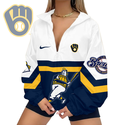 LIMITED EDITION - NEW CUSTOMIZED MLB15 MBS MILWAUKEE BREWERS V-NECK ZIPPER JACKET