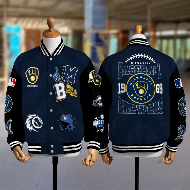 LIMITED EDITION - NEW CUSTOMIZED MLB15 MBS MILWAUKEE BREWERS SATIN VARSITY & BASEBALL JACKETS