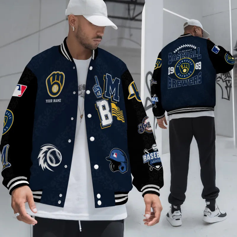 LIMITED EDITION - NEW CUSTOMIZED MLB15 MBS MILWAUKEE BREWERS SATIN VARSITY & BASEBALL JACKETS