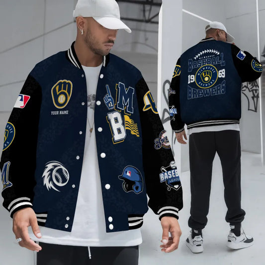 LIMITED EDITION - NEW CUSTOMIZED MLB15 MBS MILWAUKEE BREWERS SATIN VARSITY & BASEBALL JACKETS