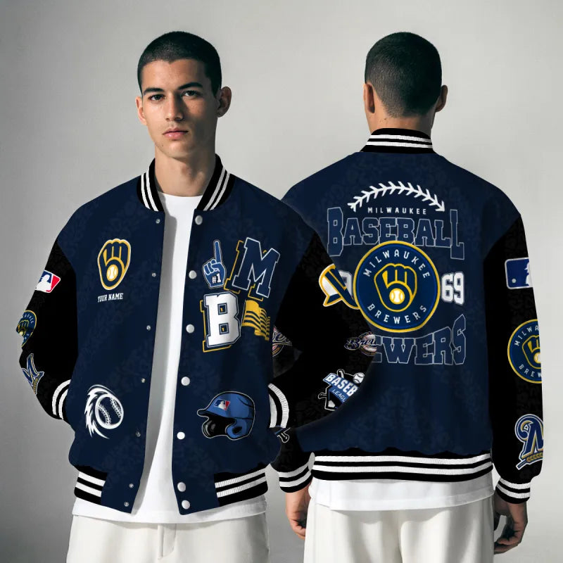 LIMITED EDITION - NEW CUSTOMIZED MLB15 MBS MILWAUKEE BREWERS SATIN VARSITY & BASEBALL JACKETS