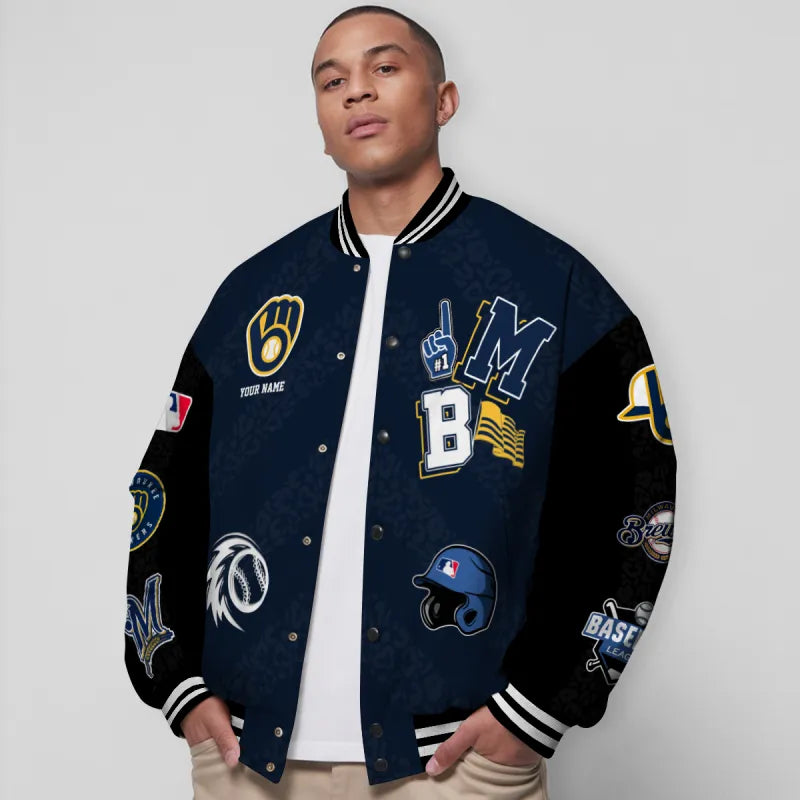 LIMITED EDITION - NEW CUSTOMIZED MLB15 MBS MILWAUKEE BREWERS SATIN VARSITY & BASEBALL JACKETS